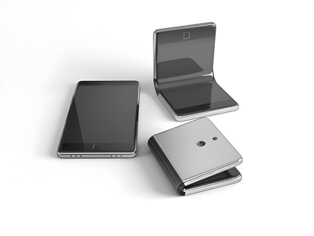 Three smartphones are displayed: one flat, one open with a foldable design, and one closed, all featuring sleek, metallic finishes.