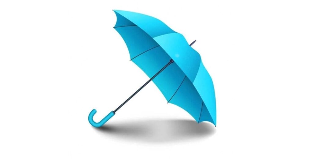 Bright cyan umbrella with a black shaft and curved handle, resting on a white surface with a soft, natural shadow.