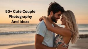 A cute couple embraces on a beach at sunset, radiating love and warmth, creating a romantic atmosphere. Text overlay highlights photography ideas.