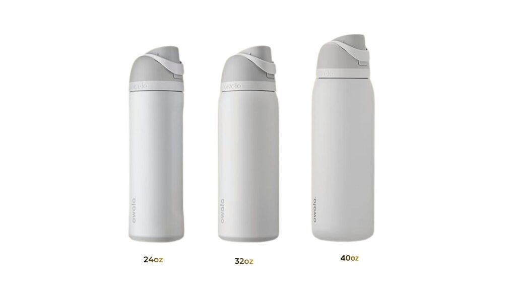 Three white insulated water bottles of varying sizes: 24 oz, 32 oz, and 40 oz, displayed side by side against a white background.