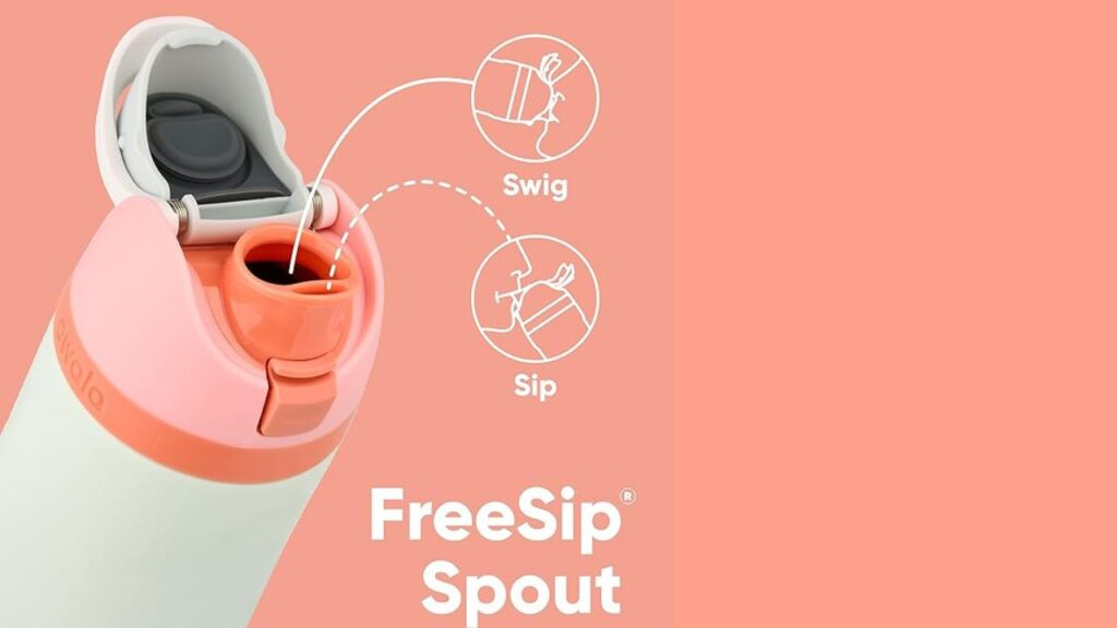 A water bottle with a pink and white cap features an open FreeSip spout. Diagrams show two drinking methods: swig and sip. Text reads, "FreeSip Spout."