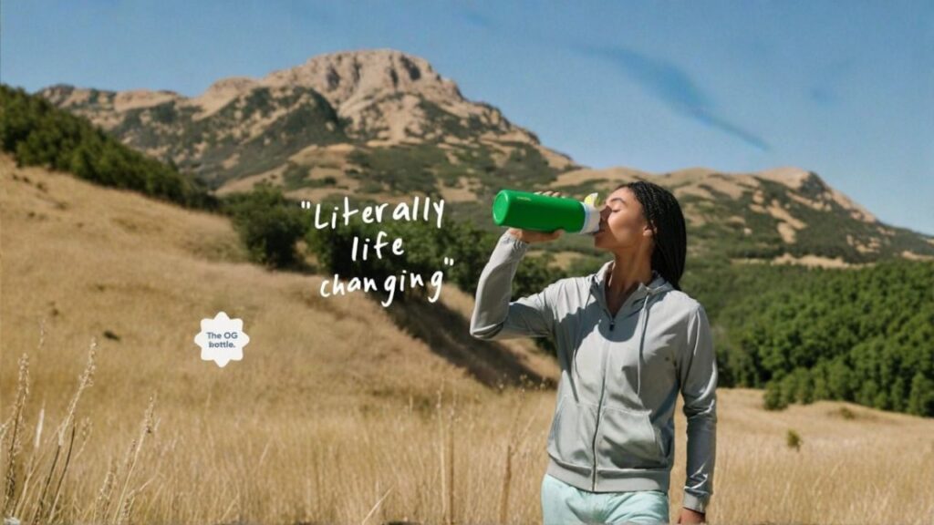 Woman in outdoor field drinking from a green reusable water bottle with mountains in the background, emphasizing eco-friendly hydration.