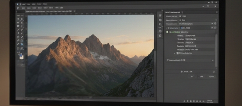 Computer screen showing a photo editing software with a sunset-lit mountain landscape. The interface displays editing tools on the side.