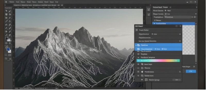 A digital artwork interface displaying a mountain range with highlighted outlines being edited. The mood is creative and focused, emphasizing artistic enhancement.