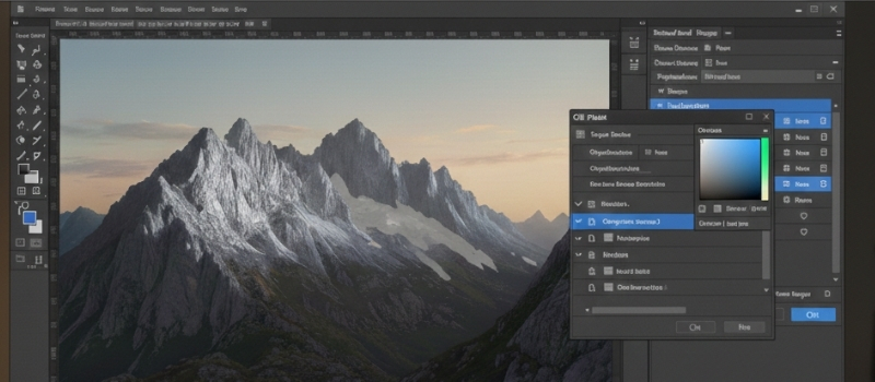 A digital artwork of a majestic mountain range is open in a graphic editing software interface. The scene conveys serenity and natural beauty.