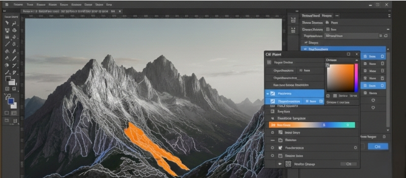 Photo editing software interface showing a mountainous landscape in grayscale with highlighted orange sections. Menus and tools are visible.