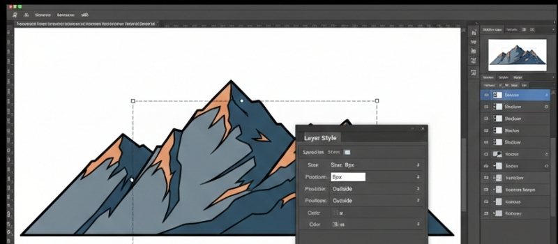 A digital design interface shows a stylized mountain illustration. Editing tools and layer style options are visible, suggesting ongoing graphic design work.
