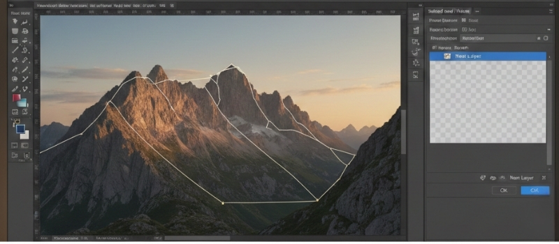 A mountain range is being edited in photo software. The peaks are bathed in warm sunset light. Editing tools and a layer panel are visible.