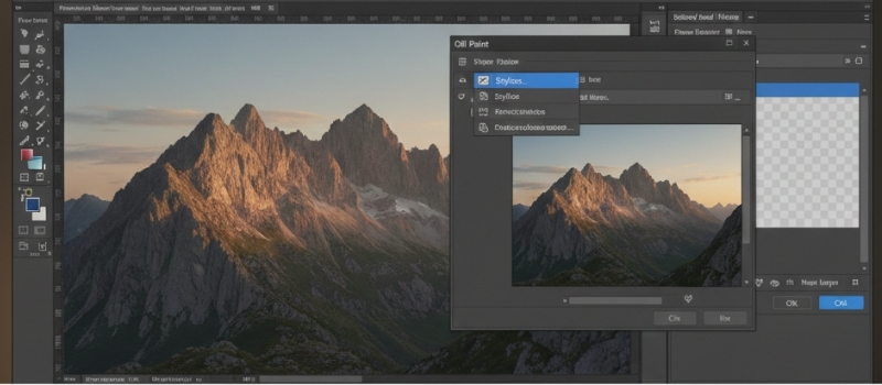 A computer screen displays a mountain landscape being edited in Photoshop. The Oil Paint filter menu is open, with dramatic shadows enhancing the peaks.