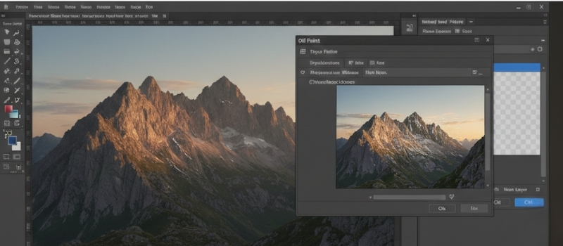 A computer screen with photo editing software open, showing a mountain landscape during sunset. The software interface displays an 'Oil Paint' filter window, previewing a stylized effect on the image. The mood is serene with warm, golden tones highlighting the rugged peaks.
