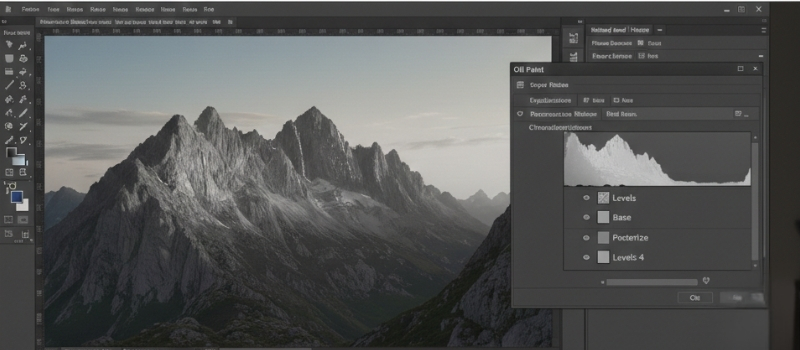 A photo editing software interface showing a serene mountain landscape with jagged peaks. The sidebar displays adjustment panels, suggesting image editing.