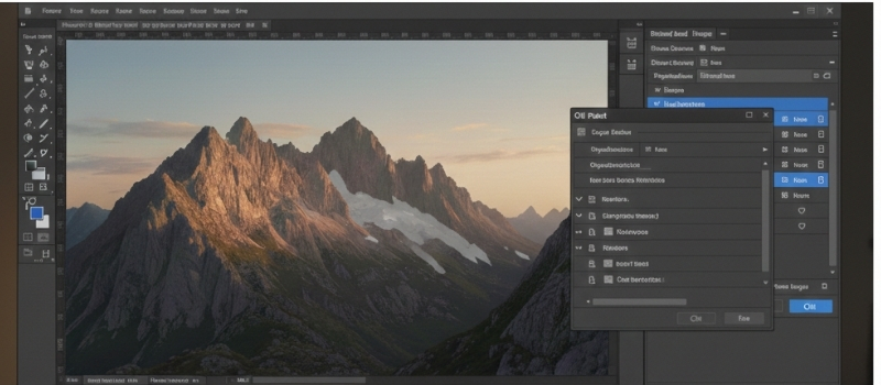 Image of a photo editing software interface displaying a majestic mountain landscape under soft evening light, with editing tools and layers visible.