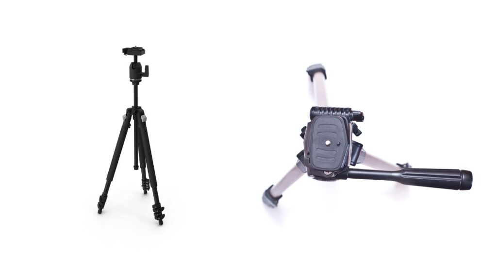 "Two camera tripods on a white background. The left tripod is fully extended and upright, while the right tripod is folded sideways for storage."