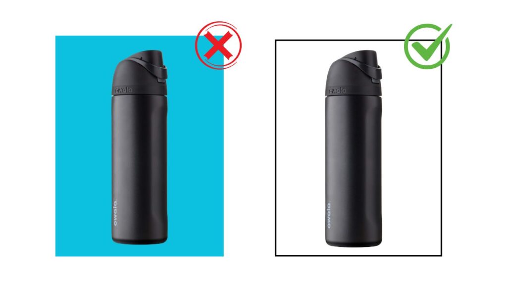 Side-by-side comparison of a black water bottle on a blue background (incorrect) and a white background (correct).