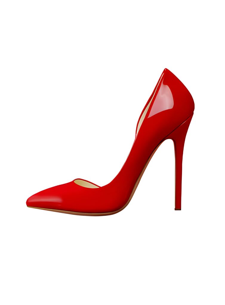 A sleek red high heel shoe with a glossy finish and pointed toe, featuring a cutout design on the side.