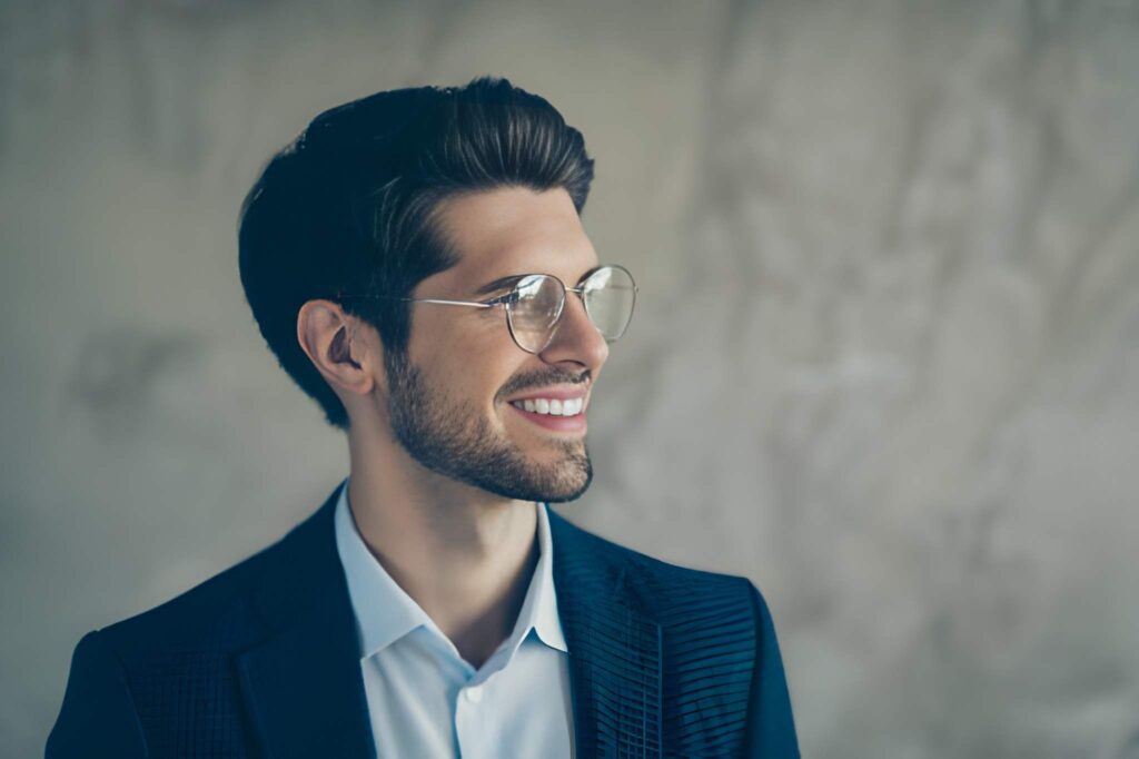 Over-the-shoulder style portrait of a professional businessman wearing glasses and smiling confidently