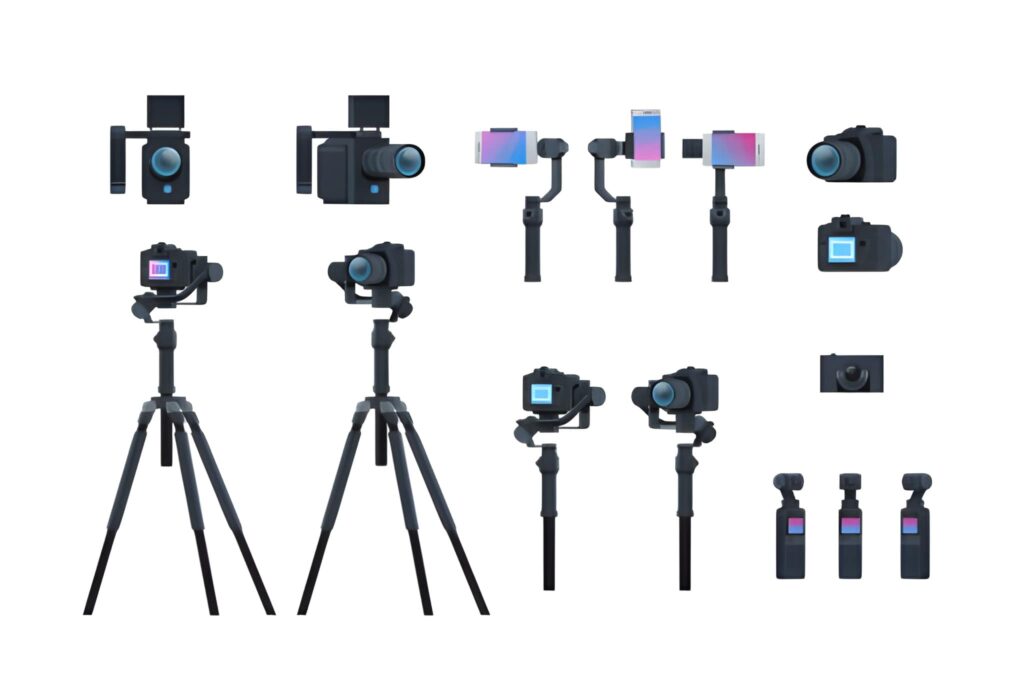 A clean, isolated presentation of professional photography and videography equipment, including camera tripods, handheld gimbals, smartphone stabilizers, and compact cameras displayed on a white background.