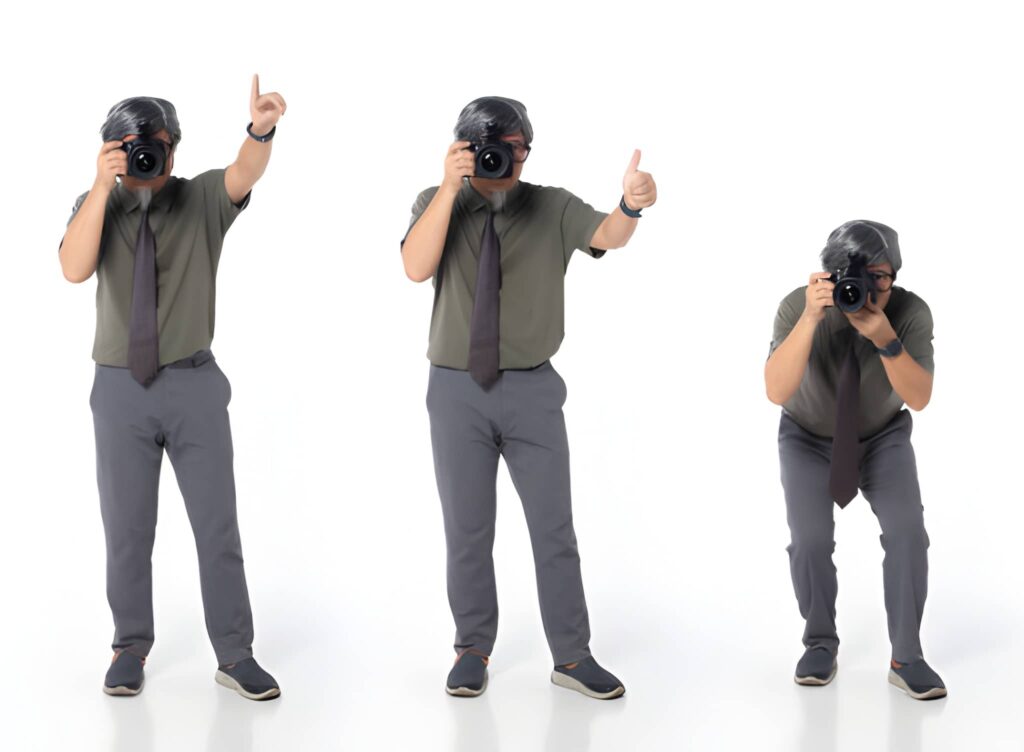 A man in a green shirt and grey pants poses in three stances, holding a camera while showing a thumbs-up and pointing.