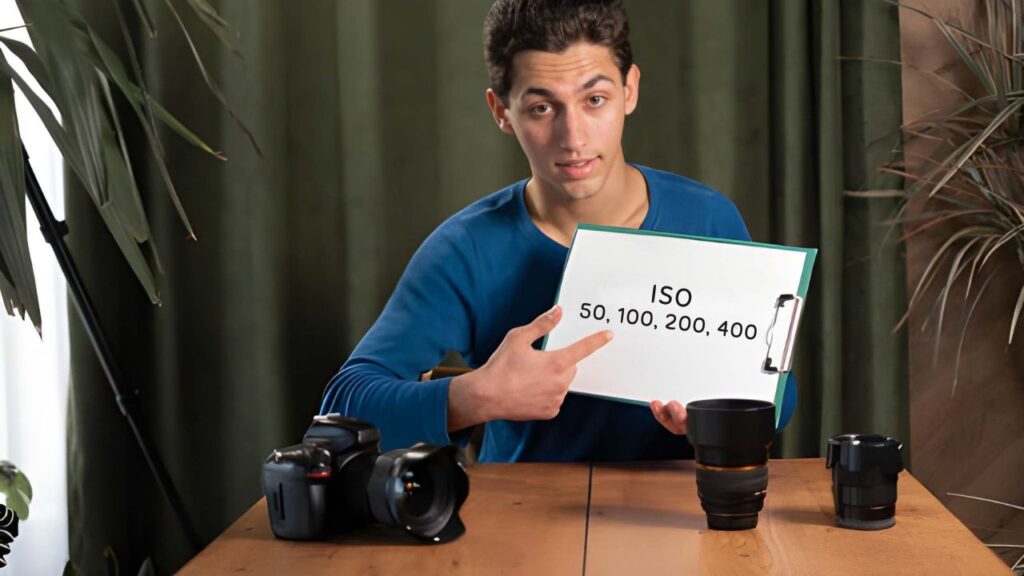 A person in a blue shirt points to a sign with ISO settings while sitting at a table with camera gear and plants in the background.