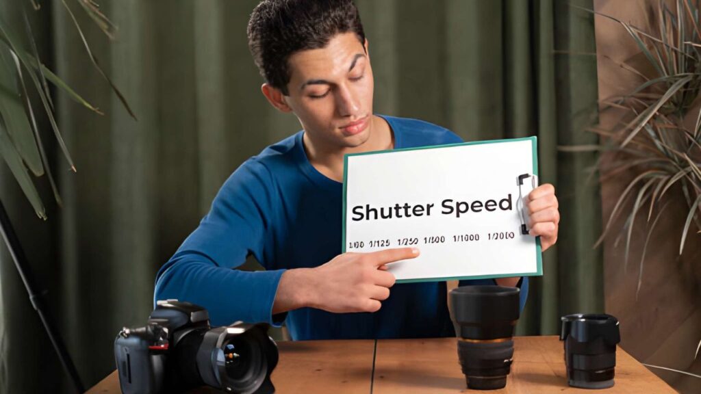 A person in a blue shirt holds a sign reading "Shutter Speed," pointing to various camera lenses and equipment on a table.