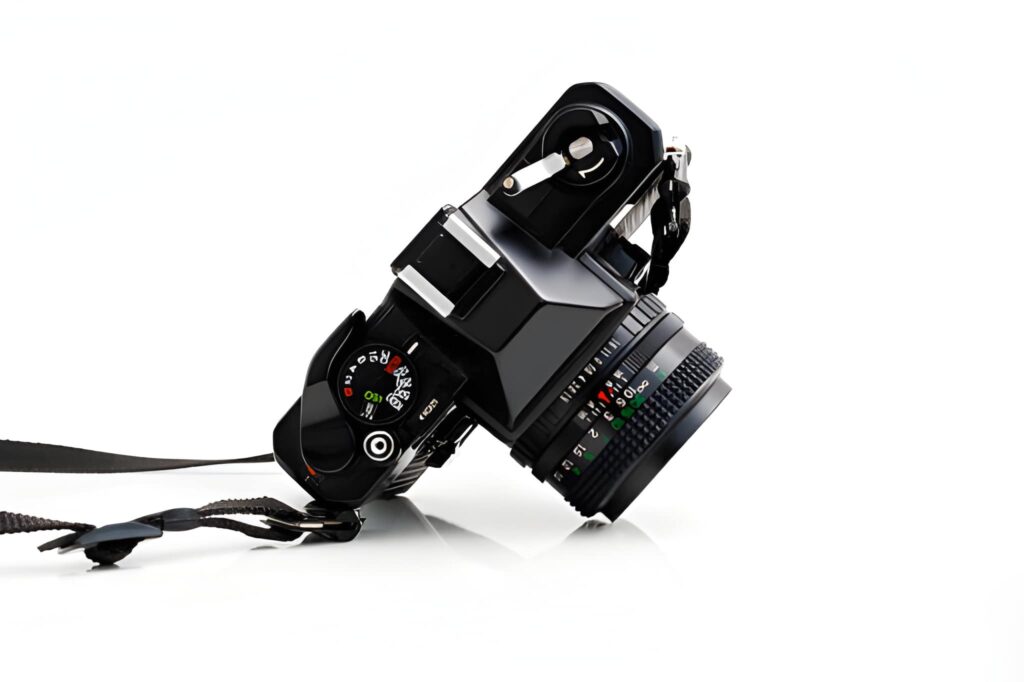 Vintage Film SLR Camera with Manual Lens Isolated on White Background