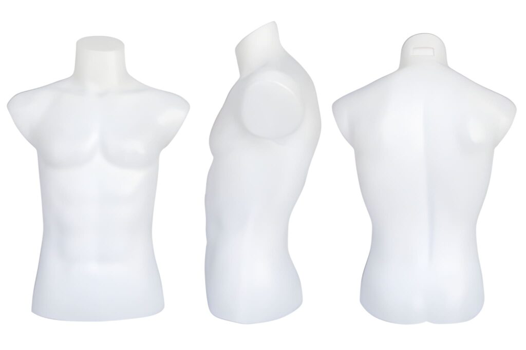 White Male Torso Mannequin Front Side Back View on White Background