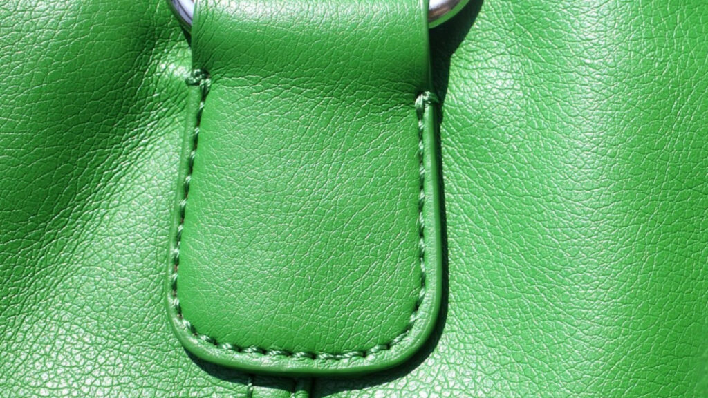 Detailed view of a green leather bag, focusing on material texture and design elements.