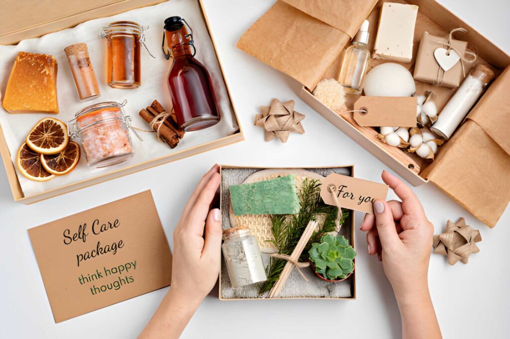 Packaging shot of a self-care gift box with decorative packaging and handwritten tags.