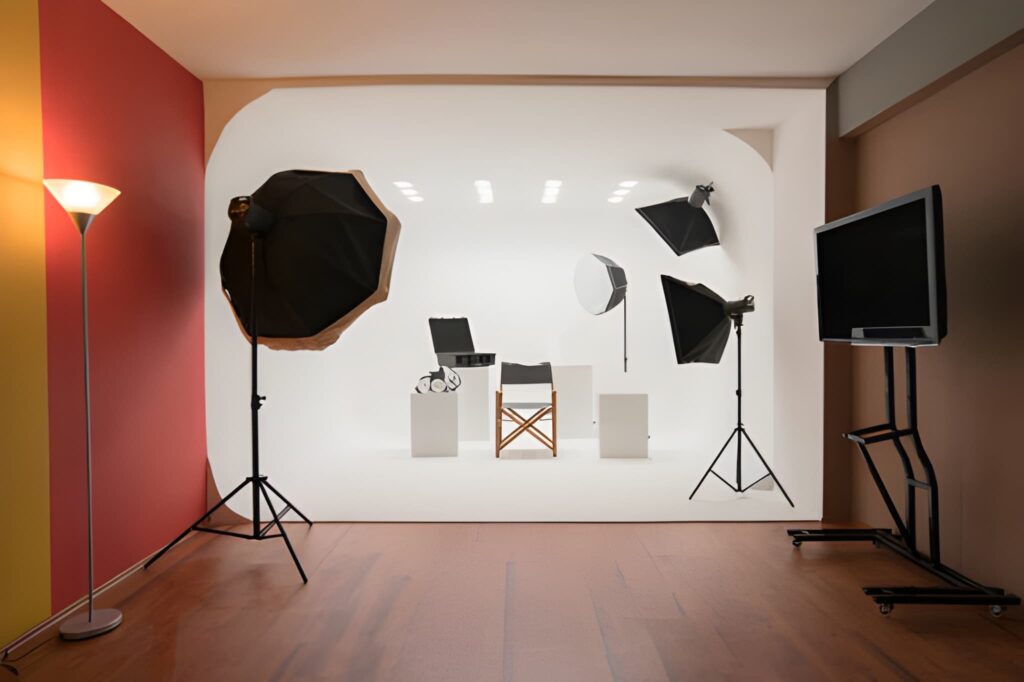 Complete lighting setup ready for a product photoshoot.