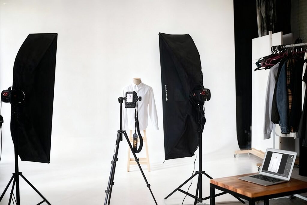 Professional Apparel Photoshoot Setup with Mannequin and Studio Lighting