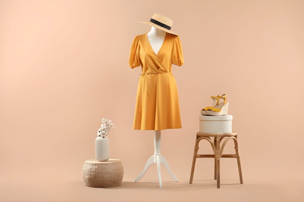 Creative Women’s Fashion Photography – Yellow Dress on Mannequin with Accessories