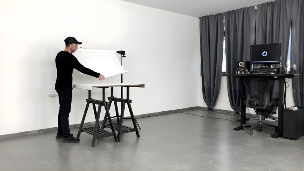 A person in a black outfit adjusts a photography backdrop on a stand in a minimalist room with gray curtains, a computer desk, and a contemplative atmosphere.