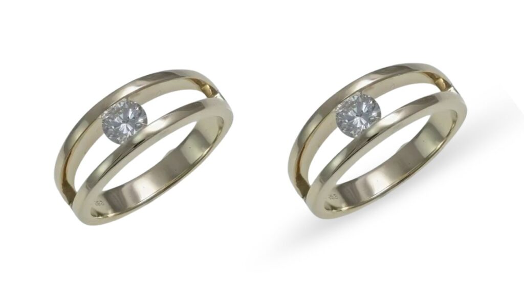 Two open-band gold rings, each centered with a single round diamond, set against a white background with a soft, natural shadow that adds depth while keeping the look clean and elegant.