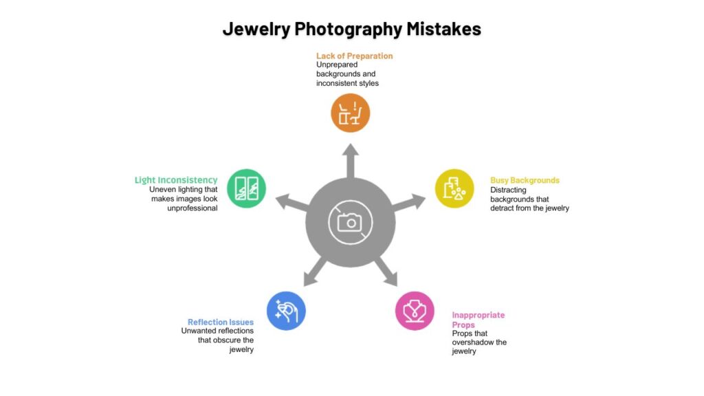 Infographic titled 'Jewelry Photography Mistakes' with five colored circles around a camera icon. Mistakes include Lack of Preparation, Busy Backgrounds, Inappropriate Props, Reflection Issues, and Light Inconsistency.