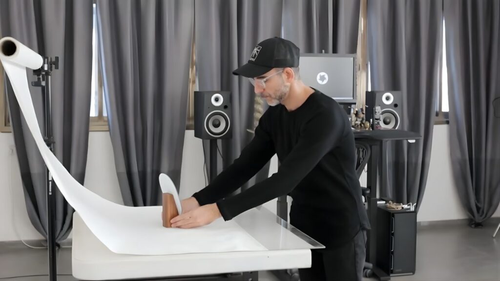 A man in a black outfit and cap sets up a white backdrop on a table, with speakers and a monitor in the background. The room has gray curtains.