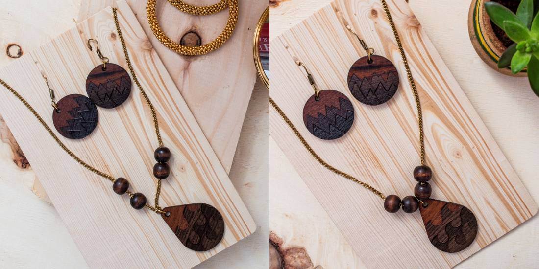 jewelry product photography with wooden background
