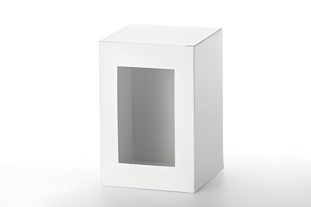 A plain white cardboard box with a transparent window on the front, set against a white background, conveying simplicity and minimalism.