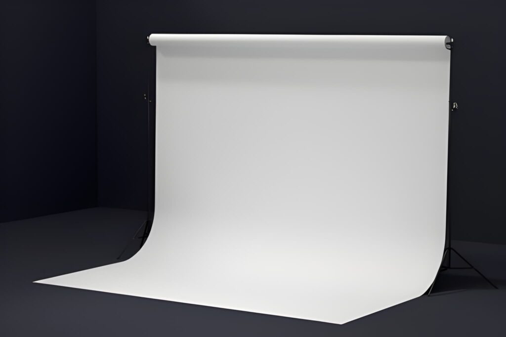 A photography studio backdrop with smooth white paper, slightly curved at the bottom, sits against a dark wall. The scene is minimalist and neutral.