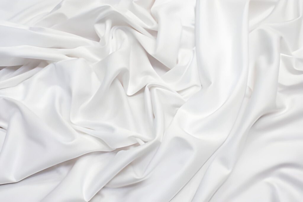 White, silky fabric draped in soft, flowing folds, creating a smooth and elegant texture. The folds cast gentle shadows, adding depth and richness.