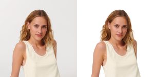 Two images of a blonde hair lady and tanktop left one in gray background and right one in white background focusing power of image masking.