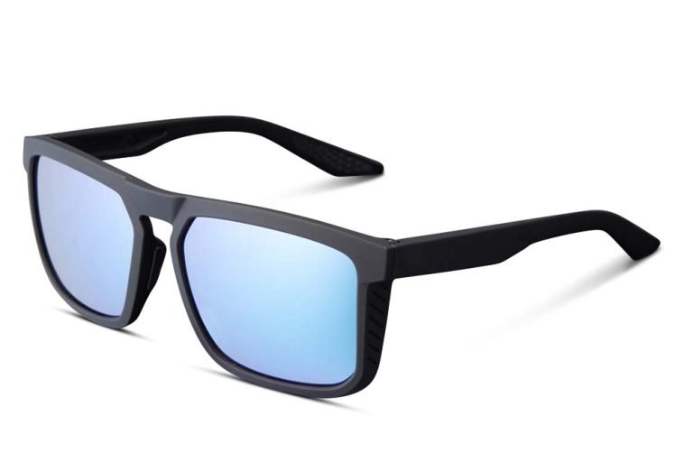 After eyeglass photo editing, the black sunglasses with blue mirrored lenses look enhanced and polished.