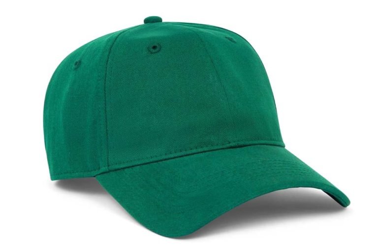 The green baseball cap on a white background appears refined and enhanced.