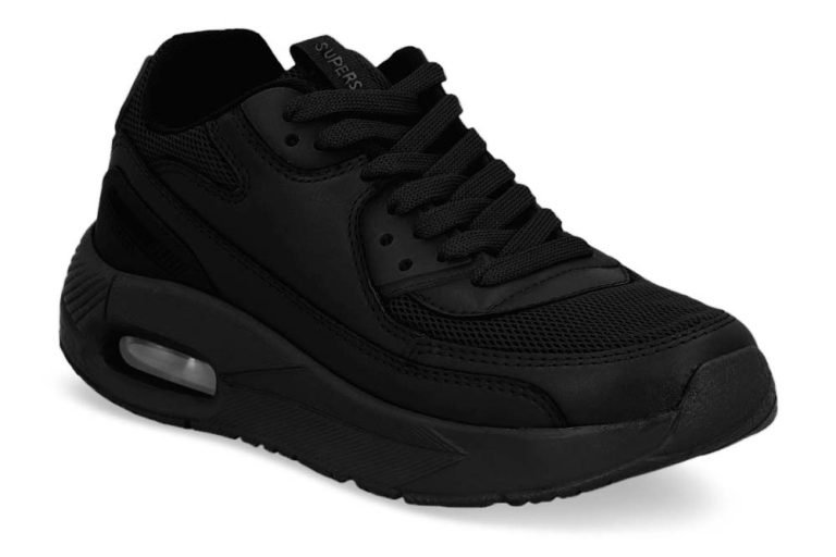 Black sneaker featuring a mesh upper, laces, a cushioned collar, and a visible air cushion in the heel, set against a white background.