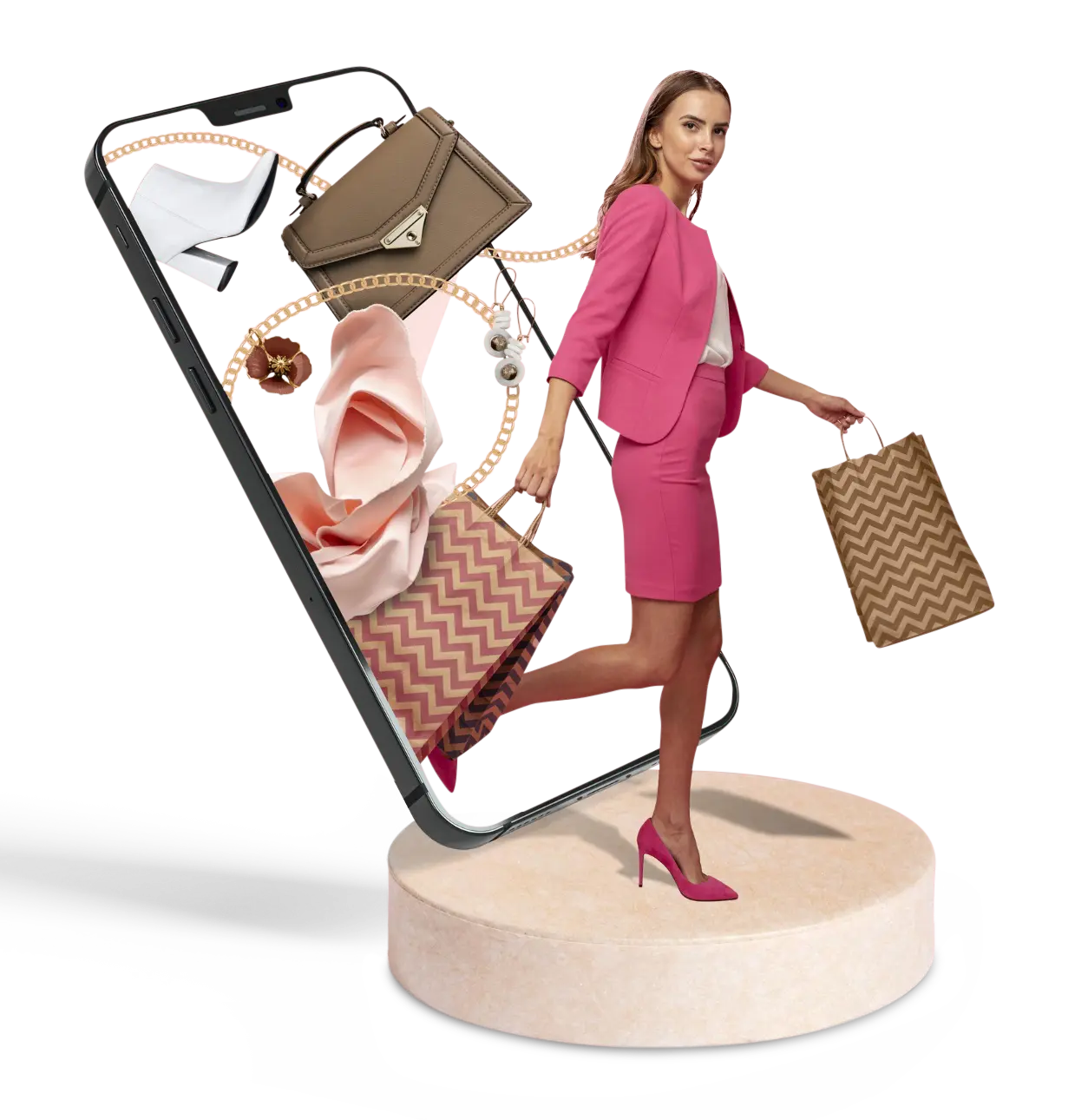 a woman in pink suit and shoes holding bags with various fashion items floating around her on a stylized graphic background.