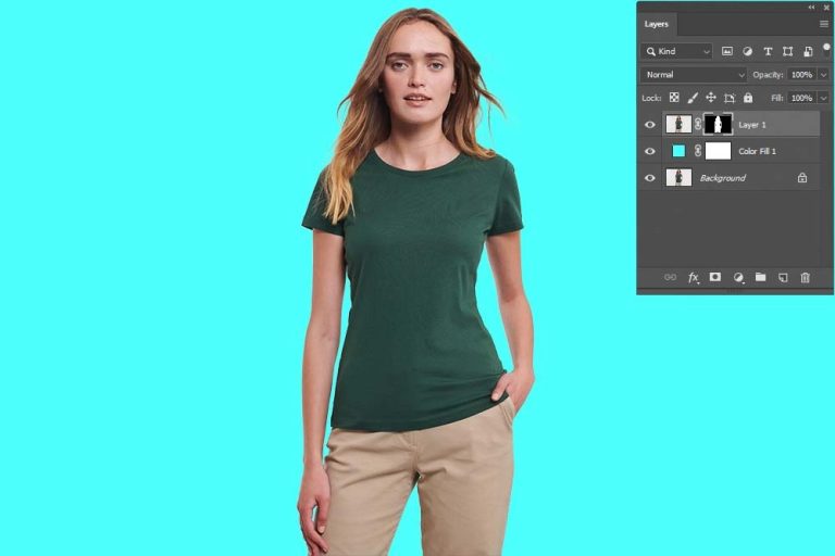 A woman in a green t-shirt and beige pants stands against a turquoise background, with a photoshop interface displayed showing after layer masking.