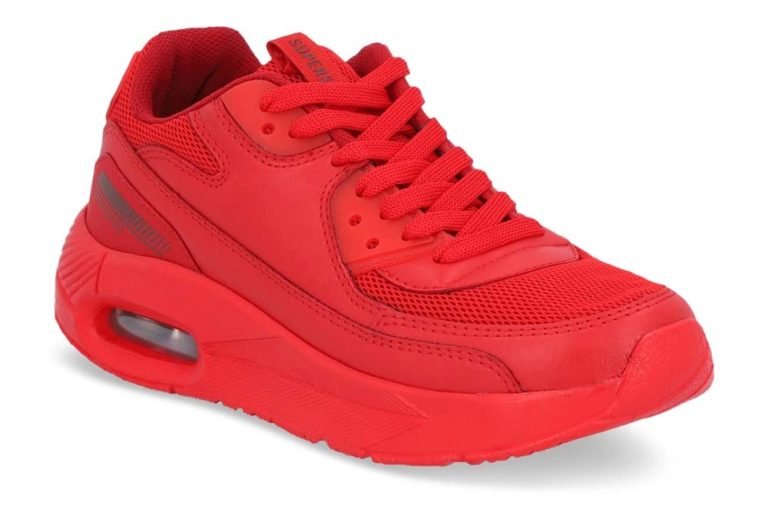 Red sneaker featuring a mesh upper, laces, a cushioned collar, and a visible air cushion in the heel, set against a white background.