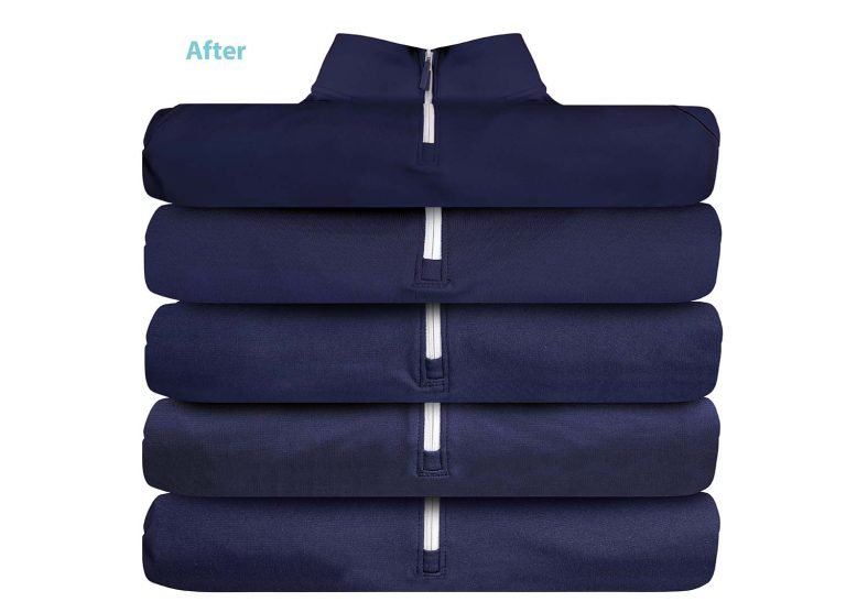 A stack of four neatly folded navy-blue fleece jackets with white zippers, labeled "after" at the top of the image