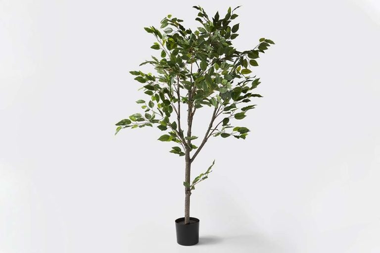 A potted artificial tree with green leaves, placed against a plain white background before object masking.