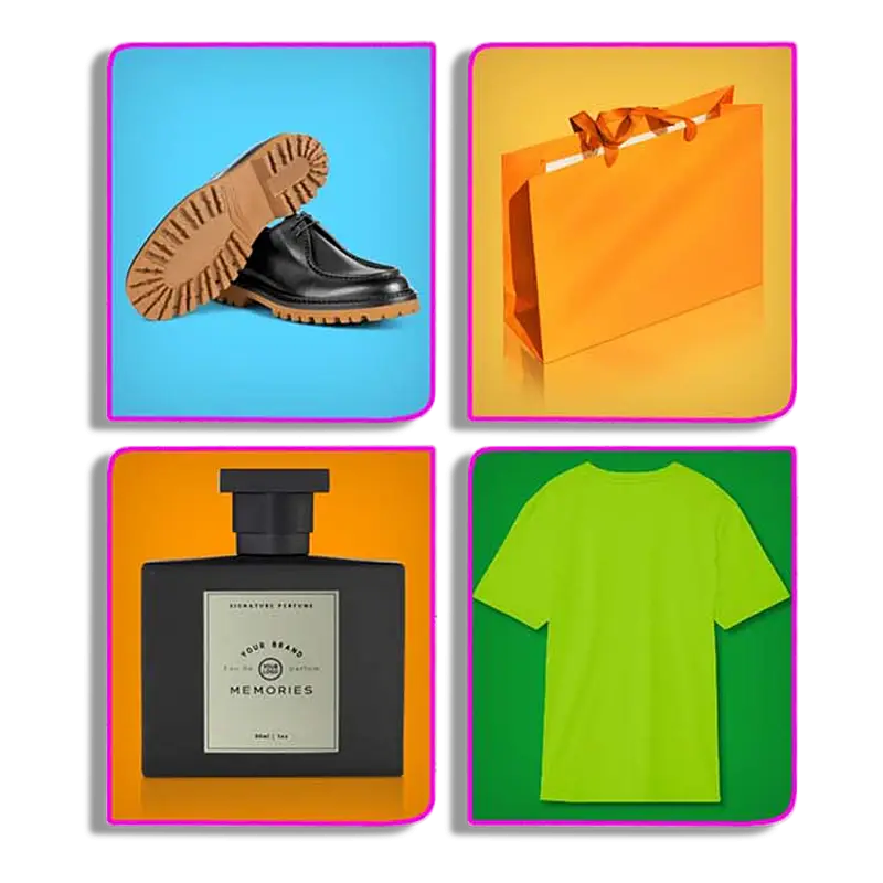 A collage of four images: top left shows black shoes with brown soles on a blue background, top right displays an orange shopping bag on an orange background, bottom left features a black fragrance bottle on an orange background, and bottom right shows a green T-shirt on a green background, highlighting expert eCommerce photo editing services.