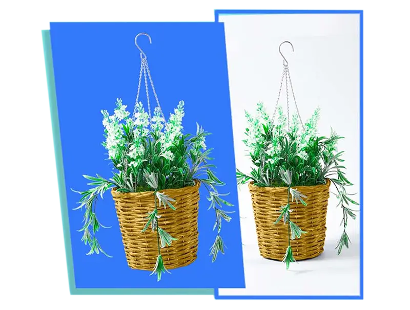 A hanging basket with green and white artificial flowers, showcased against two different backgrounds. One side features a bright blue background, while the other side has a light grey background. The woven basket is supported by a metal chain for hanging. Consider our Background Removal Service for seamless integration into any decor.